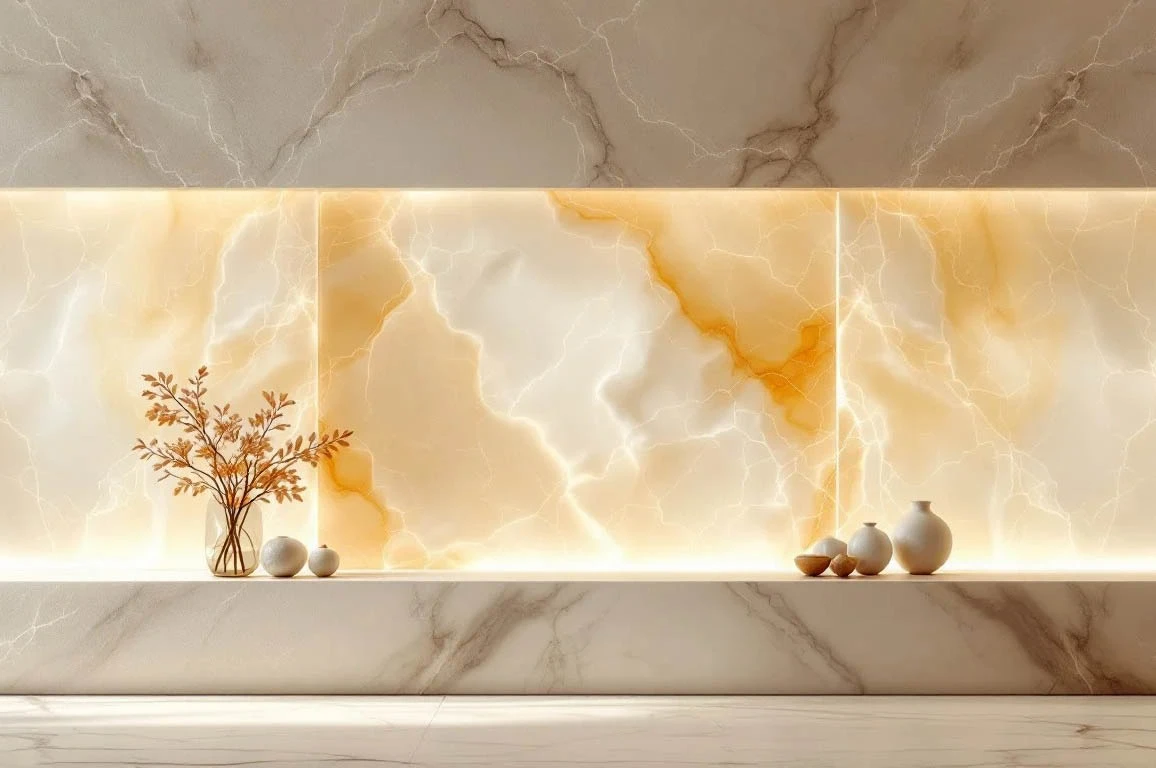 Luxury interior with glowing backlit yellow onyx stone feature wall